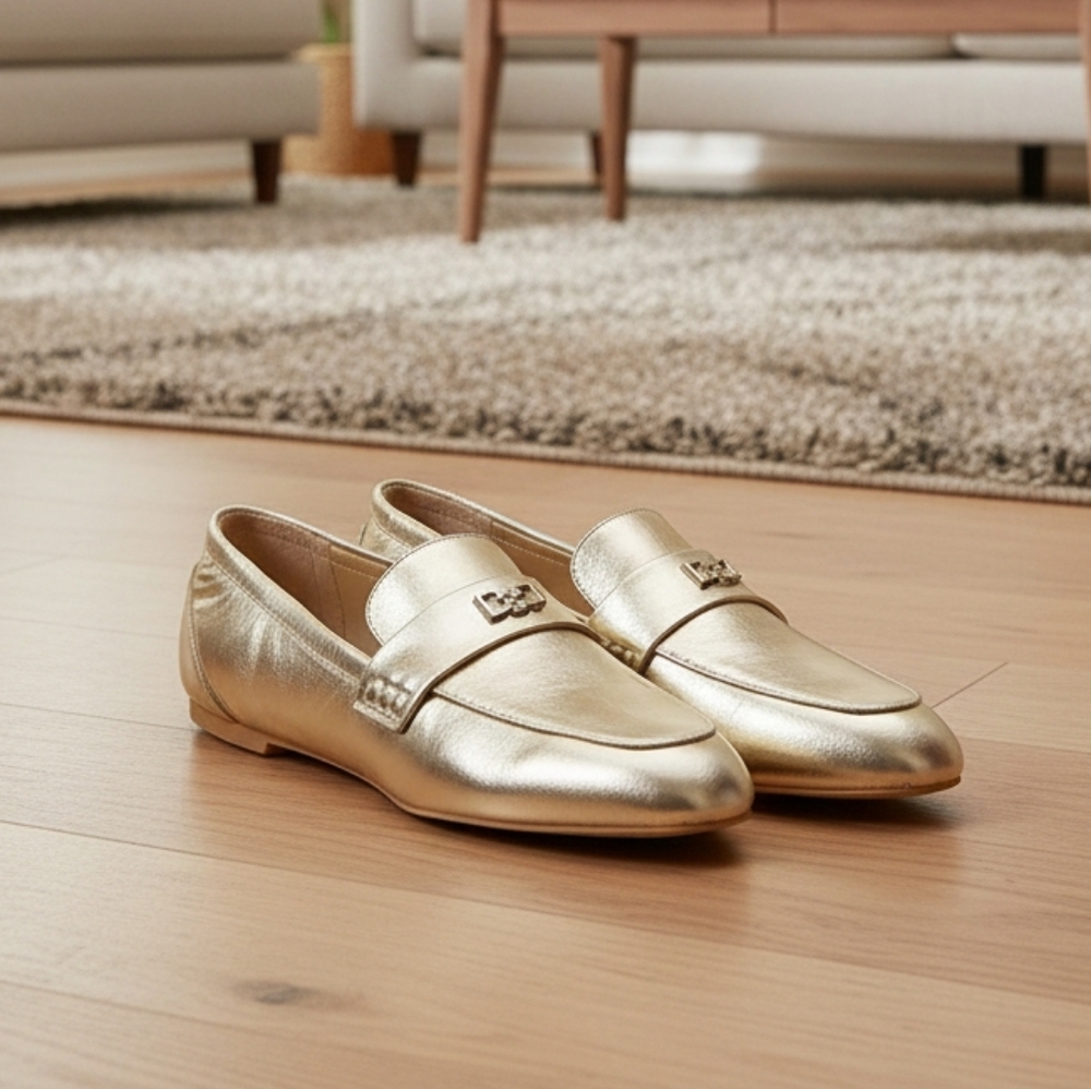Deltan Women's James Gold Leather Logo Hardware Loafers Size 6 - Picture 8 of 8
